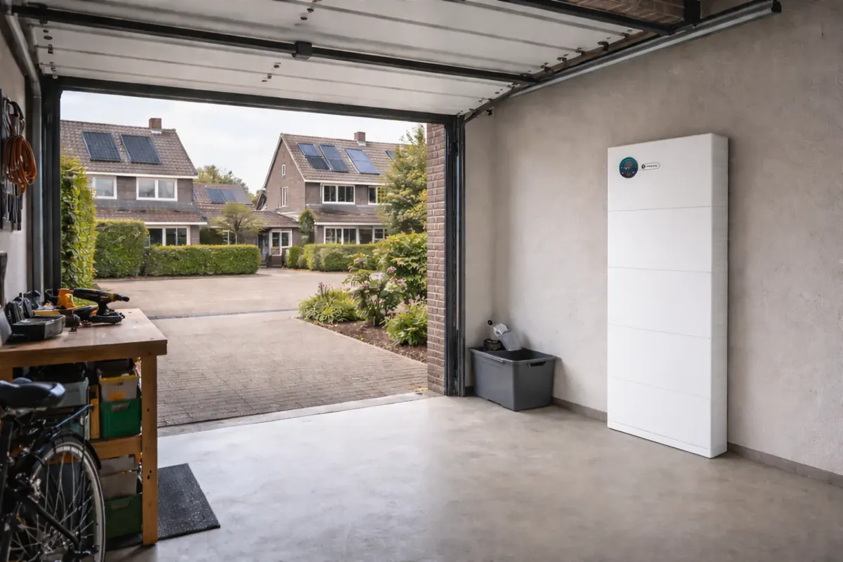Tureon thuisbatterij in een Nederlandse garage met zicht op woningen met zonnepanelen, parallel uitbreidbaar tot 102 kWh opslag