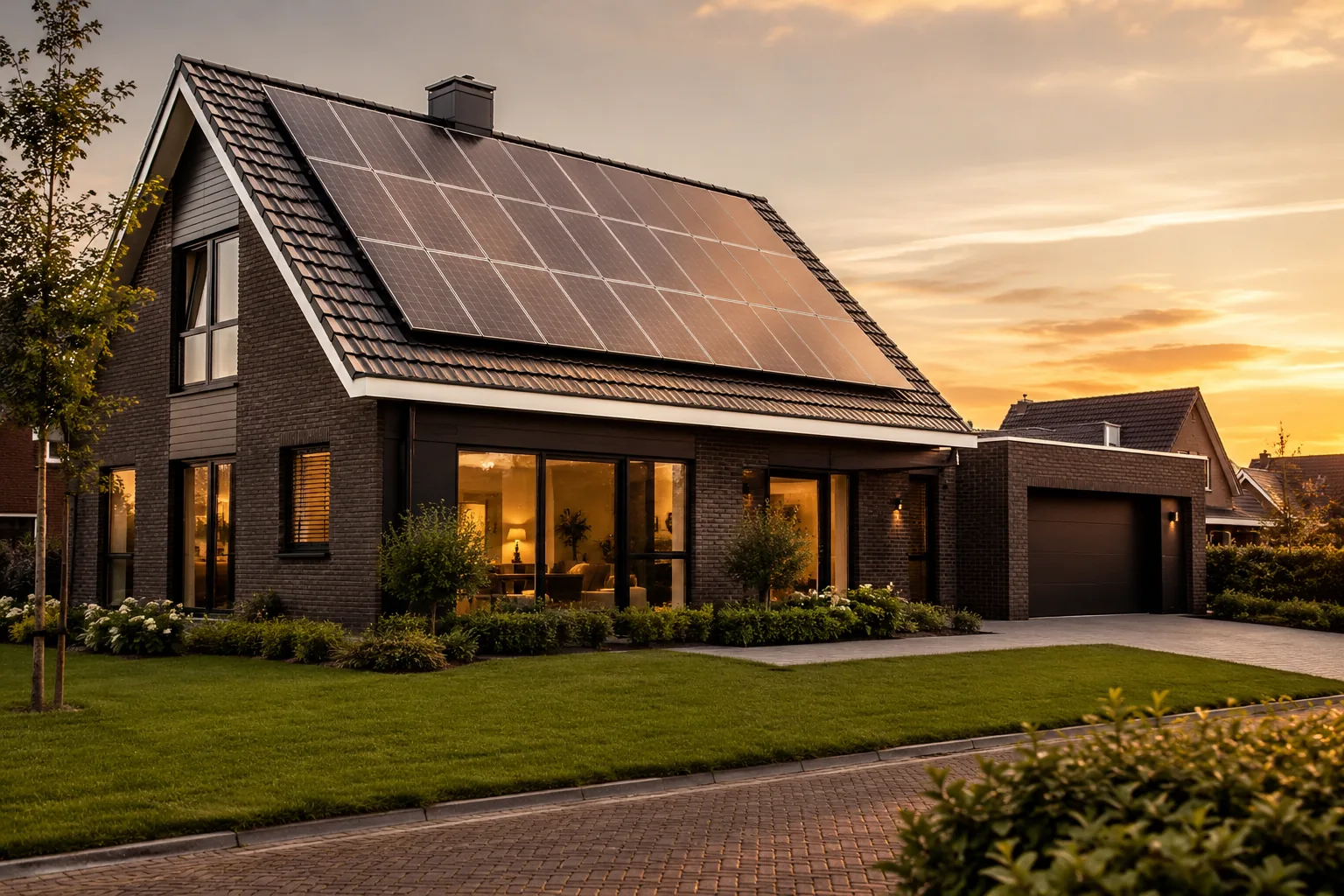 Woning met zonnepanelen aan het eind van de dag, wanneer een thuisbatterij de opgeslagen stroom afgeeft
