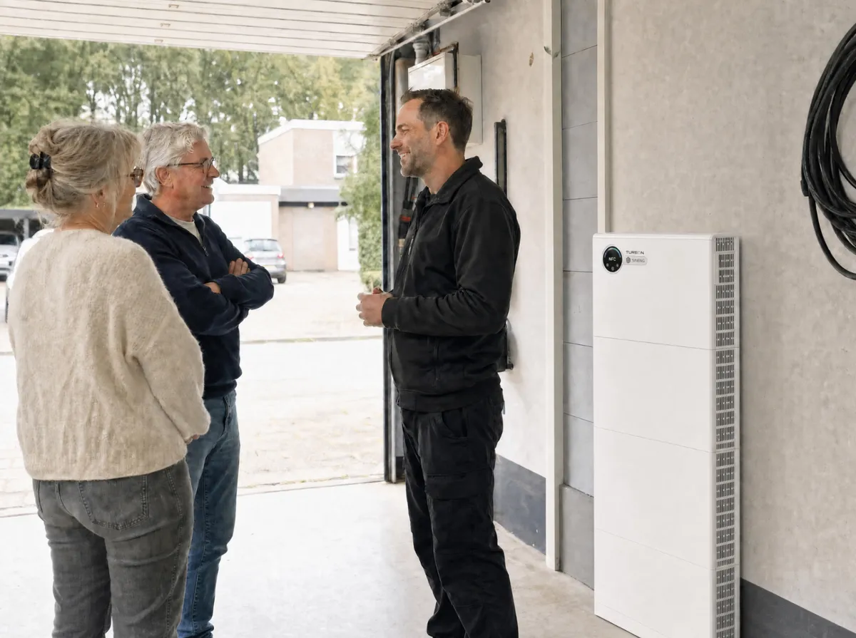 Stel in gesprek met een regionale installatiepartner naast de Tureon thuisbatterij in de garage