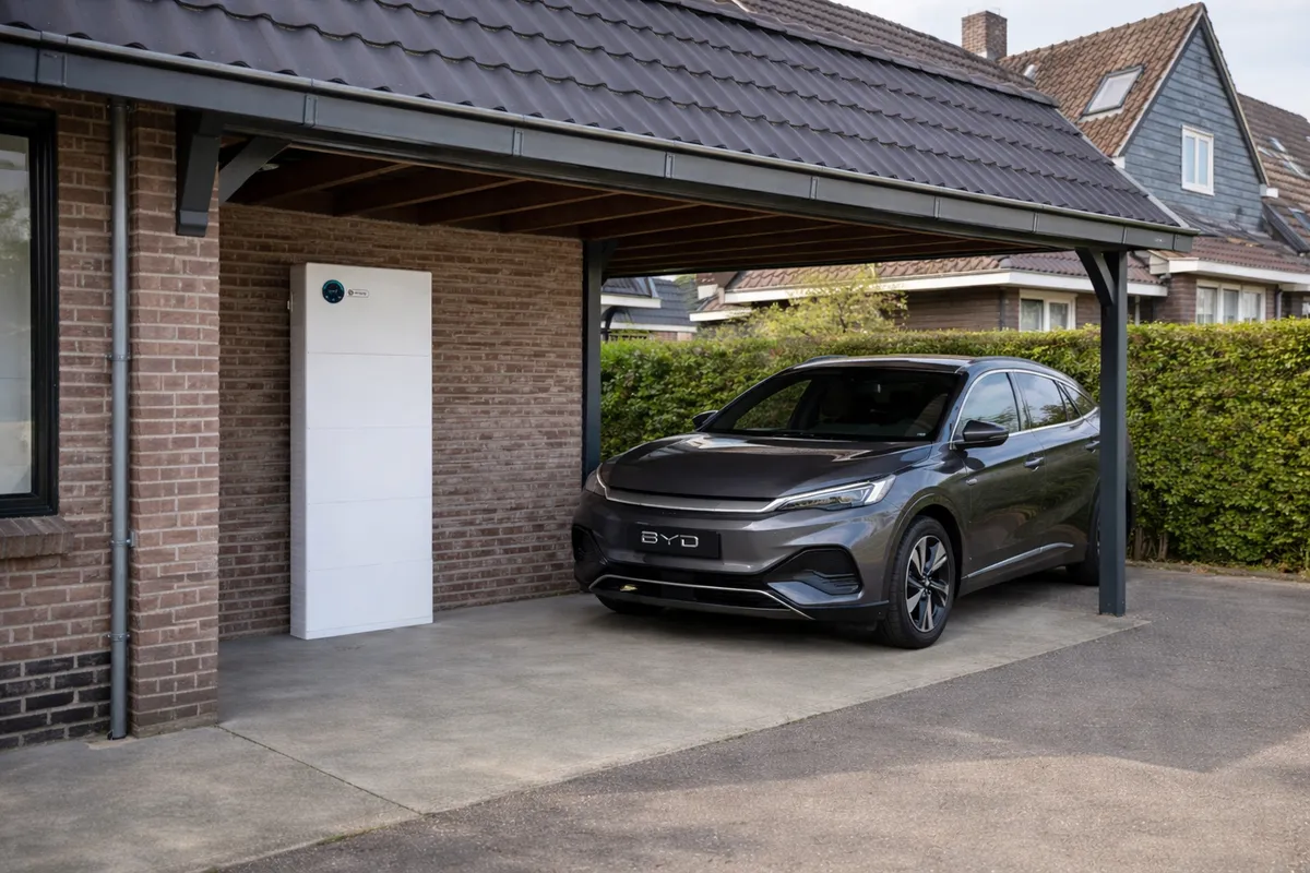 Tureon thuisbatterij naast een elektrische auto onder een carport