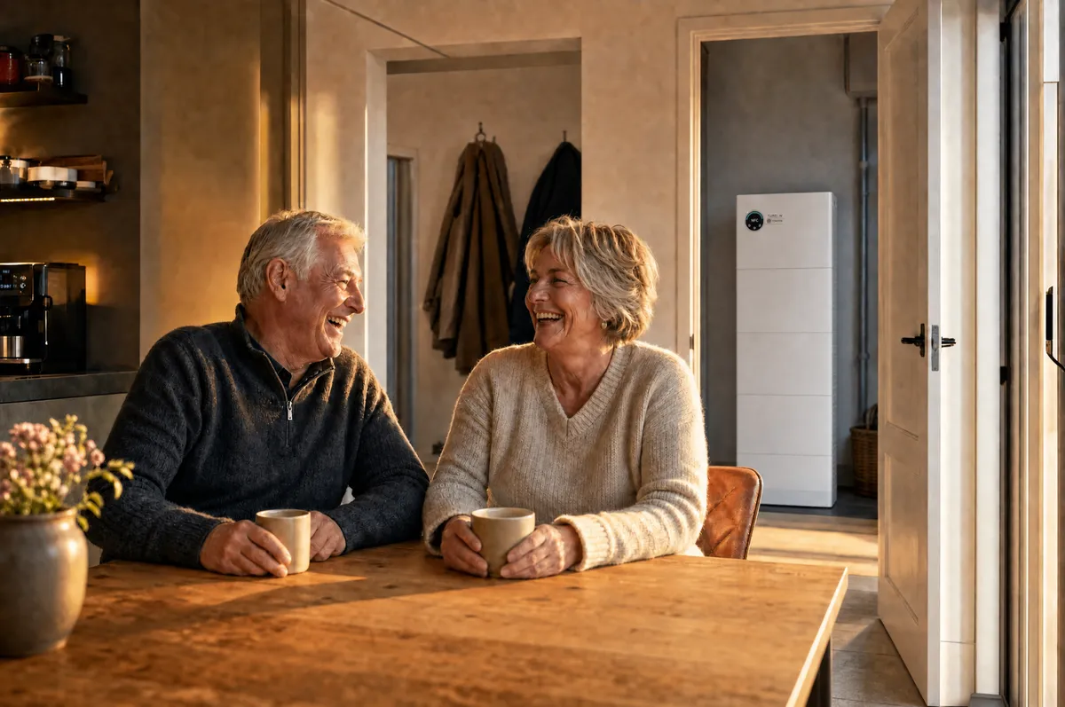 Blij ouder stel aan de keukentafel, met hun Tureon thuisbatterij zichtbaar in de bijkeuken