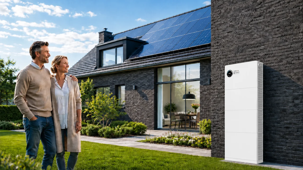 Nederlands stel in de tuin bij hun moderne bakstenen woning op een zonnige dag, met zonnepanelen op het dak en een witte Tureon thuisbatterij tegen de gevel.