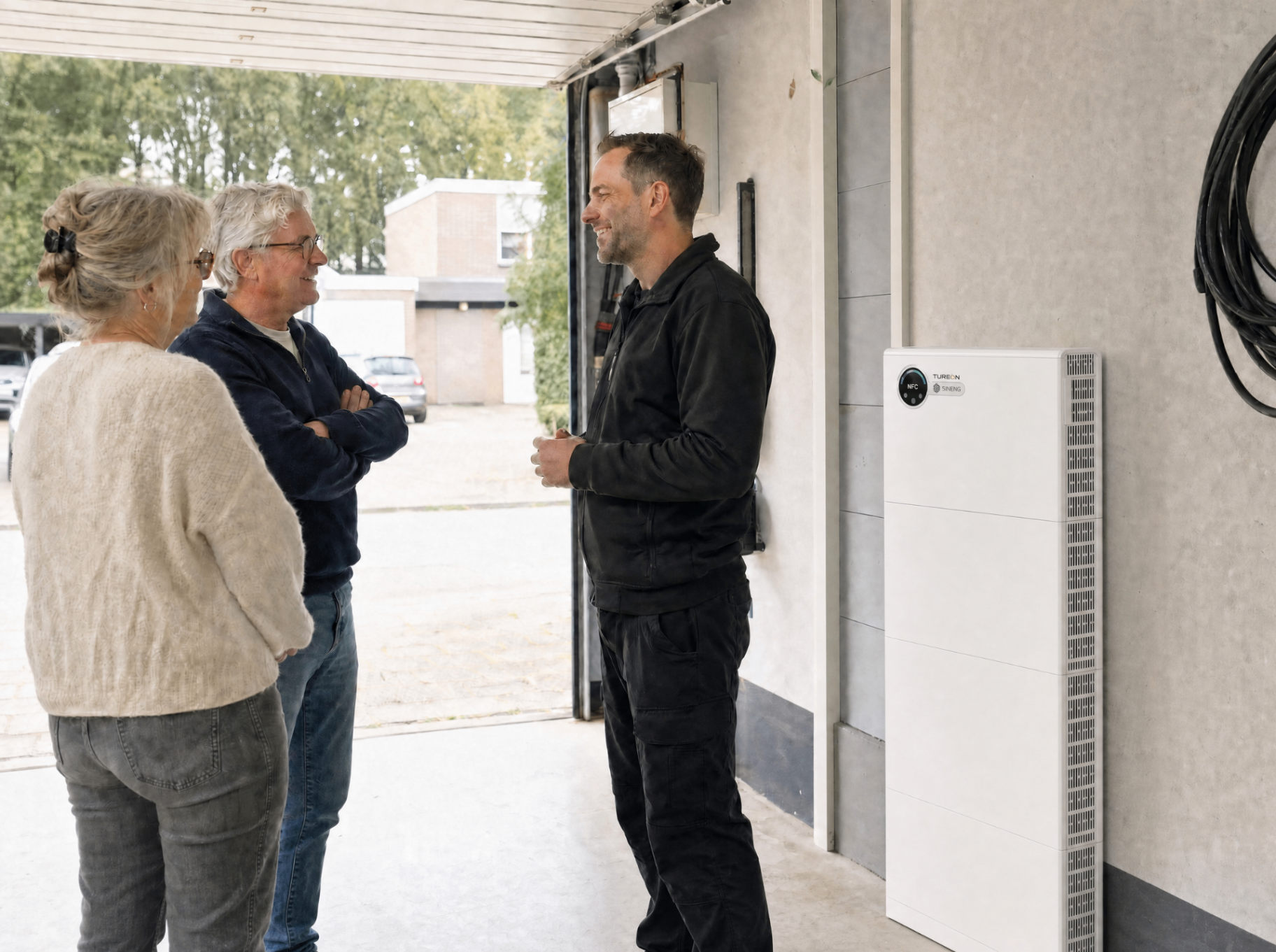 Stel in gesprek met een regionale installatiepartner naast de Tureon thuisbatterij in de garage