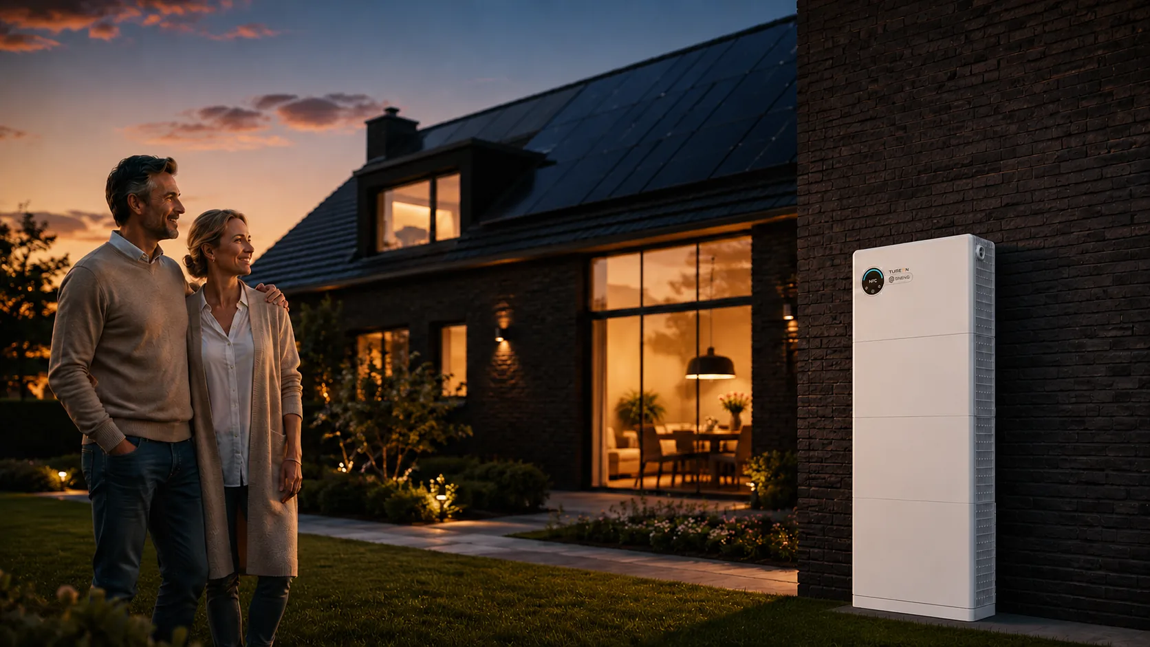 Nederlands stel in de tuin bij hun moderne bakstenen woning in de avondschemering, met zonnepanelen op het dak en rechts tegen de gevel een witte Tureon thuisbatterij op de grond.