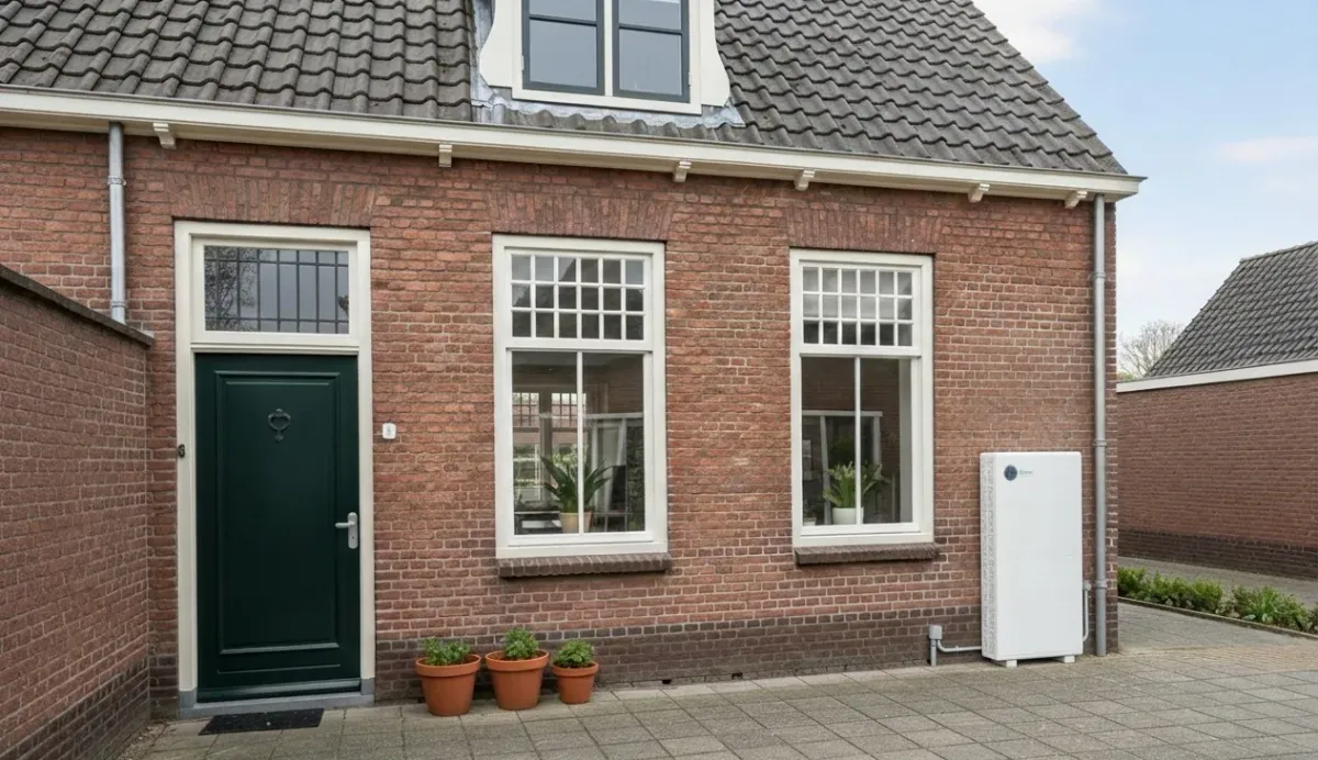 Tureon thuisbatterij gemonteerd aan de gevel van een bakstenen woning