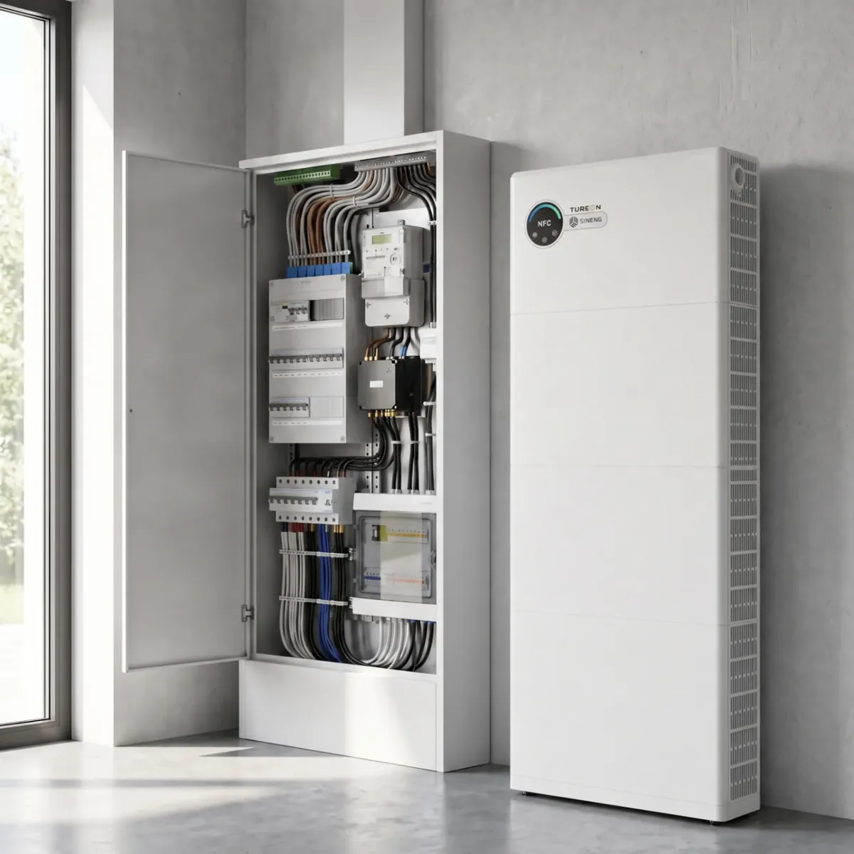 Tureon thuisbatterij op de vloer naast een open meterkast met de elektrische aansluiting